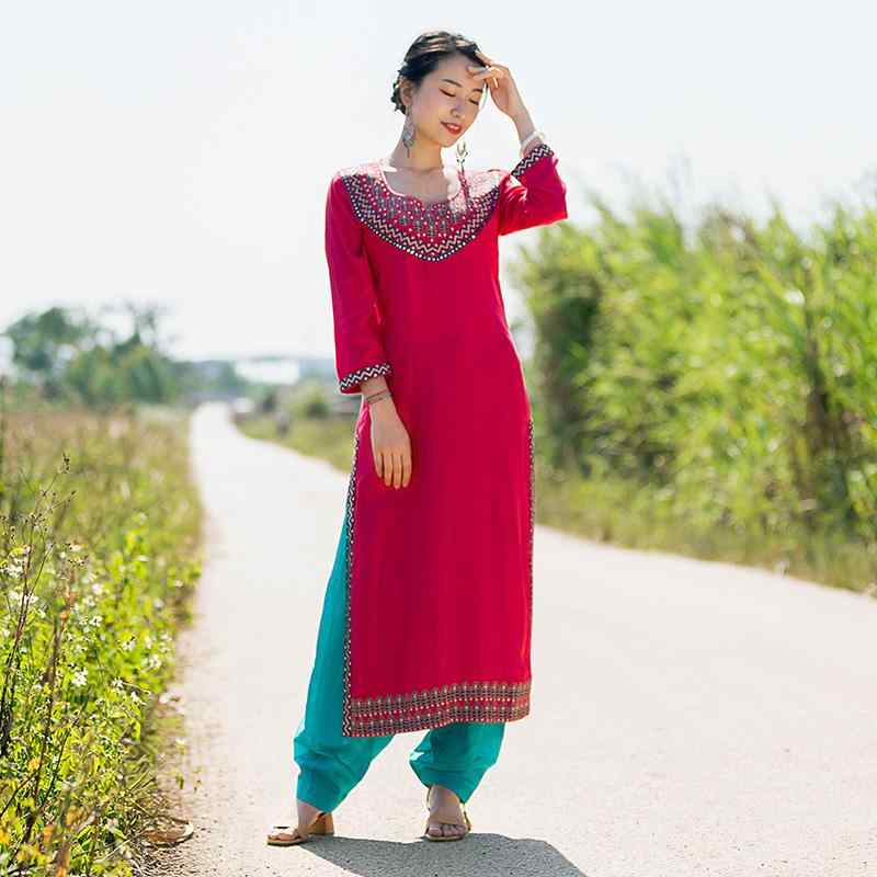 レディース ファッション インド 伝統的 服 民族衣装 女性 エスニックトップス 日常 綿 刺繍入り 服 薄手 スイカ 赤 ロング