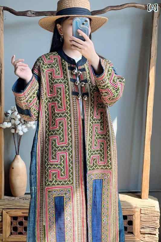 エスニック ファッション 民族 タイ 刺繍 ホームスパンストライプ 刺繍 通常 厚さ 秋冬 女性 ガウン