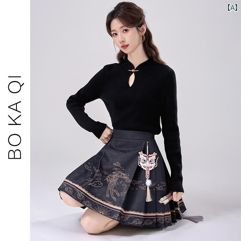 レディース ファッション 春秋 中国 ニット 底 シャツ ガーリー プリント 伝統的 スカート スカート