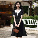レディース ファッション フレンチ ブラック フェイク ツーピース ドレス 女性 ガーリー 大人かわいい 夏 ハイエンド ウエスト スリム 半袖 スカート