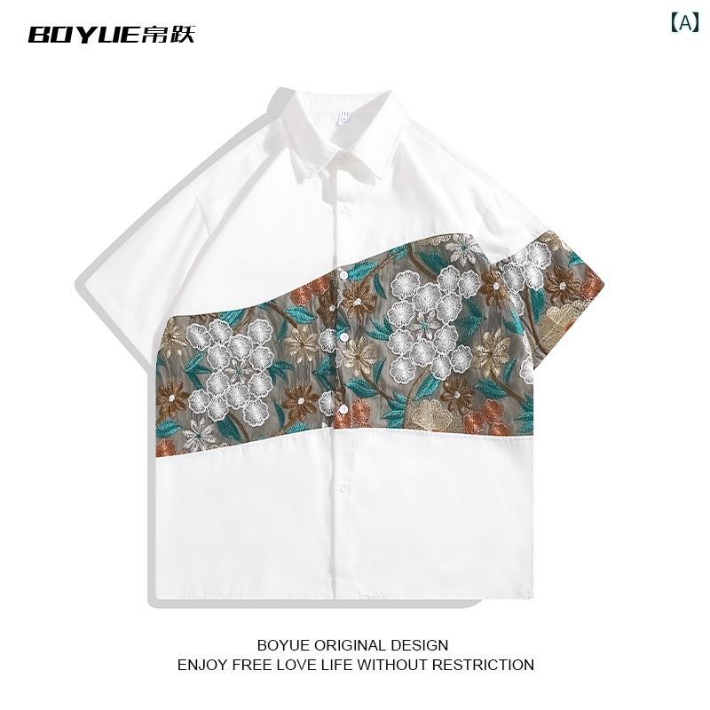メンズ トップス チャイナ シャツ サマー 夏 中華風 刺繍 スプライシング 半袖 シャツ カジュアル 中華風 ジャケット