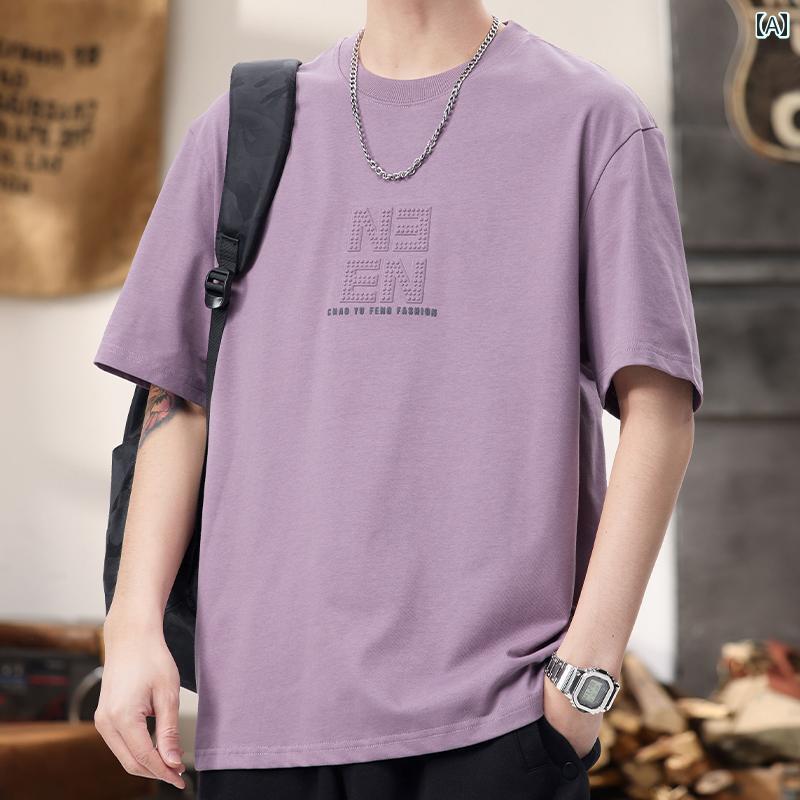 T シャツ メンズ トップス アメリカン カジュアル 夏 紫 綿 半袖 シャツ 丸首 半袖 ウエスタンシャツ