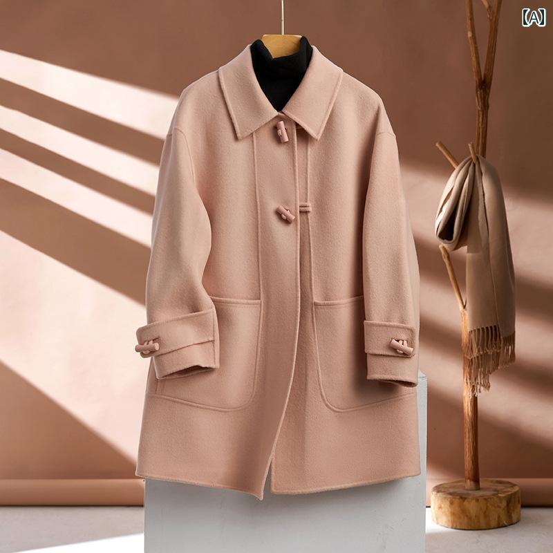 レディース ファッション 上品 ハイエンド 手縫い 木製 ボタン 両面 コート 女性 カジュアル カレッジ ウール ウール コート