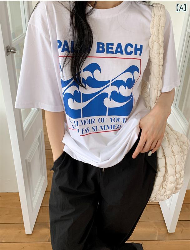 レディース トップス 韓国 シック 夏 シンプル ラウンドネック レター ウェーブ アブストラクト プリント 女性用 半袖 T シャツ