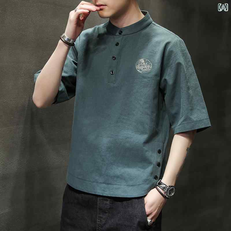 Tシャツ トップス メンズ 中華風 サマー ウェア カジュアル かっこいい 普段着 日常使い リネン 刺繍 綿 リネン 薄手 スタンドカラー