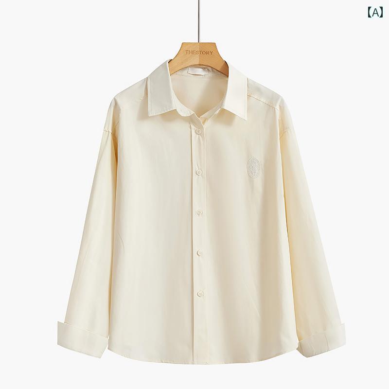 レディース ファッション カジュアル 普段使い 白 シャツ 春 刺繍 シャツ 長袖 カレッジトップス