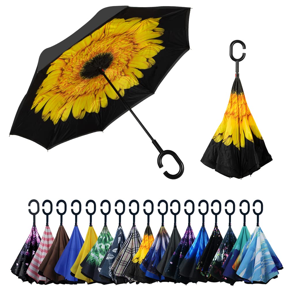YOKITOMO 長傘 レディース 逆さ傘 丈夫 撥水 内外2枚の布の構成で耐風 熱中症対策 遮光 遮熱効果 閉じると自立可能 晴雨兼用傘 車用(サンフラワー) 人気ギフト