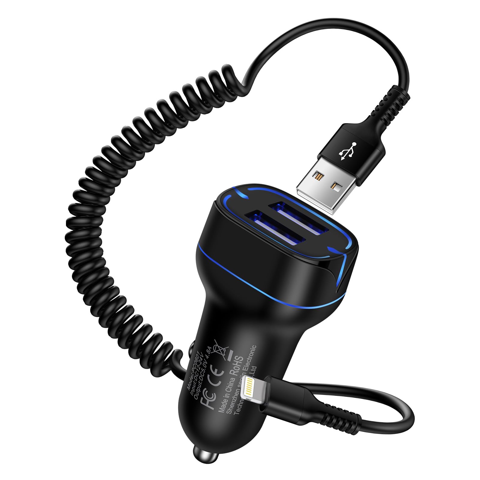 USB カーチャージャー シガーソケット 4.8A コイルライトニングケーブル 【USB-A 2ポート/12V-24V車対応/CarPlay対応】車 アイフォン 充電器 Haoano iPhone充電ケーブル カールコード 車用充電器 カー用品iPhone 14 Pro Max/14/14 Plus/14 Pro/13/13 Pro Max/12/11/XS/S