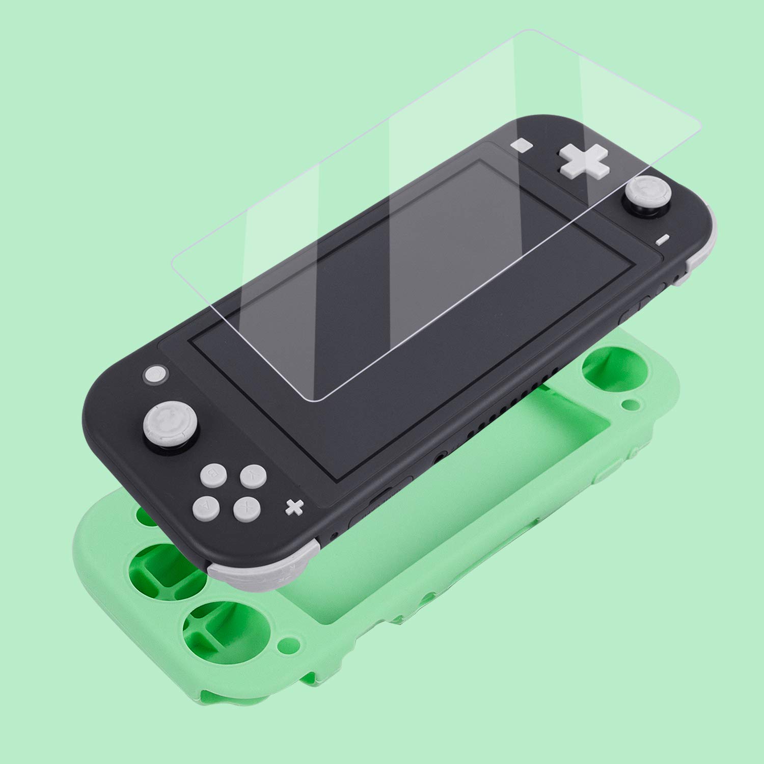 switch liteカバー スイッチライト ケース シリコン素材 ソフトカバー 柔らかい 一体式 全面保護 耐衝撃 特殊ハンドル 薄型軽量 快適な手触り 着脱簡単 防水防塵 スタンド機能 スティックカバー4つ 液晶保護フィルム1枚付き(薄緑)