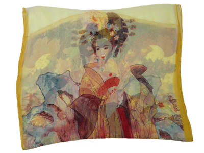 透け感のあるシフォンスカーフ Japanese Kimono ガール クリームxオレンジ