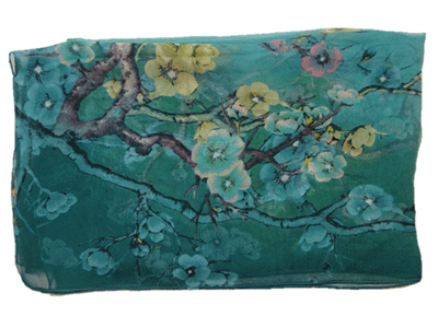 透け感のあるスカーフ(17) ジャパネスク(梅の木柄) エメラルドグリーン 150cm