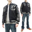 ホワイツビル スタジャン WV15166 Whitesville メルトン x 本革 ジャケット メンズ アワードジャケット 新品 Whitesville Varsity Jacket Men's Letterman Jacket Melton Leather Award Jacket Toyo Enterprises WV15166 Whitesville(ホワイツビル)は、アメリカの古き良き時代に存在したスポーツウェア・アスレチックウェアレーベルです。ホワイツビルは残念ながら1960年代に消滅してしまいましたが、ビンテージマニアからは、頑強な作りの優秀なアスレチックウェアメーカーとして評価が高いレーベルです。この製品は、米国Whitesville(ホワイツビル)のライセンスのもと、日本のカジュアルウェア服飾アパレルブランド・東洋エンタープライズ社(Toyo Enterprises)によって企画され、Whitesville(ホワイツビル)レーベルを現代に蘇らせた復刻アイテムです。 その東洋エンタープライズ社(Toyo Enterprises)のスポーツウェアレーベル「Whitesville(ホワイツビル)」のスタジャン(メンズ バーシティジャケット ベースボールジャケット スタジアムジャケット レターマンジャケット ヴァーシティジャケット スタジアム・ジャンパー)です。 本製品は、アメリカンビンテージスポーツウェアをイメージソースに、オールドアメリカンスタイルを再現しながらも、東洋エンタープライズによってタウンユース用にアレンジされたスタジャンです。ヴィンテージスタイルの要素を随所に再現しつつも、現代的なシルエット・縫製、シニールパッチ・刺繍カスタムを取り入れ、カジュアルのテイストをプラスした街着として洗練されたファッショナブルなデザインに再構築されています。 シルエットは、スウェットシャツやパーカーなどの厚手のインナーや重ね着レイヤードの着用ができるように身幅にゆとりを持たせて着丈が短めにされたクラシックなアメカジスタイルのボックスシルエット(ボクシー・ライン)です。 表地身頃素材はウール100%のしっかりとした厚みのある30オンスウールメルトン生地です。粗めに織られたワイルドな起毛メルトン生地が使用されています。着込むほどに生地が馴染み風合いを増していきます。 袖のレザーには牛革(本革カウハイドリアルレザー)が採用されています。重厚感ある見た目と、やわらかくソフトな着心地を両立した仕上がりにされています。牛革独特の荒々しいシワ・シボをそのまま活かしたレザーで、堅固で引き締まった革質と、しなやかな質感を併せ持っています。 身頃裏地・袖裏地はレーヨン50%、コットン50%の滑りのよいサテン生地です。インナーウェアとの摩擦を考慮した袖通しの良い生地です。(内ポケットは付けられていません)。 裏地にはダイヤ状にキルティングがほどこされ、ポリエステルの中綿が適量詰められています。中綿の量を適量にすることにより、保温性を高めながらもモコモコ感が軽減され、スッキリとした着用感になります。また、キルティングにより中綿が寄ったり、ずれたりしにくい構造になっています。 衿と袖口と裾は、アクリル100%のライン入りの肉厚でしっかりとしたダブルレイヤー(二重)リブ生地で切り替えられ、スポーツテイストが演出されています。衿と袖口のリブは折り返さないタイプのリブです。 フロントはウエストバンドボタンを含めて7つの無地メタルスナップボタンによるフルオープン開閉式です。 ウエストには斜めに口が開いた、三角の補強ガゼット付きのレザー両玉縁仕様のポケットが設けられています。ポケット袋地にはコットンツイル生地が使用されています。 サガラ刺繍シニールパッチとチェーン刺繍が配されたデコレーションタイプのスタジャンです。 オールドアメリカンスタイルと洗練された上品な雰囲気が融合されたアイテムに仕上げられています。アメカジ・カレッジテイストなデザインが魅力のホワイツビルスタジャンです。 作品名は「WV15166 Whitesville from Toyo Enterprises Men's Casual Fashion Varsity Jacket with 30 Oz. Melton Wool Body and Genuine Cowhide Leather Sleeves / Mens Award Jacket with Classical and Fashionable Forms of American Vintage Sportswear Clothing / Custom Letterman Jacket Baseball Jacket for Men / This custom varsity jacket is produced by Toyo Enterprises under a license from Whitesville USA and made in China. The Whitesville label, a division of Toyo Enterprise in Japan, is famous around the world for its expertly-crafted a reproduction of american vintage sportswear. The whitesville brand is a now-defunct sportswear label that originally existed in the good old days of America. And the whitesville brand has been resurrected by the Toyo Enterprises. The pattern construction of this jacket is modeled after vintage authentic sportswear found on the old letterman Jackets with classic design, but this award jacket has been re-designed with the Whitesville's brand own detailing, contemporary interpretation and modernize fit for a more casual look and fashion purpose. The beauty of this piece is the balance of classic construction and modern updates from Whitesville. This varsity Jacket is constructed of a 30 Oz. melton wool body and set-in genuine leather sleeves with padded quilted satin lining. It features a front snap closure, two external slanted double welt pockets, striped knit ribbed sleeve ends and collar and waistband. And this Jacket is decorated with chenille patches and chain stitch embroidery as a homage to american vintage jackets. And this jacket is originally intended to wear as a boxy fit (a extra room in the chest to allow for for heavy layering underneath with short in the body length) for a comfort silhouette and the vintage fashionable feel and for a more old-fashioned look. This jacket have the room to allow bulky and warmer layers to be worn underneath. This jacket is new original creations by Whitesville from Toyo Enterprises / ホワイツビル ウールメルトン x 本革 カウレザー セットインスリーブ メンズ カジュアル ファッション アメカジ シニールパッチ＋チェーン刺繍カスタム スタジャン アワードジャケット バーシティジャケット レターマンジャケット ベースボールジャケット スタジアムジャケット ヴァーシティジャケット スタジアム・ジャンパー メンズ アウター」です。 Product Description in English. Whitesville Varsity Jacket Men's Letterman Jacket Melton x Leather Award Jacket WV15166 This custom varsity jacket is produced by Toyo Enterprises under a license from Whitesville USA and made in China. The Whitesville label, a division of Toyo Enterprise in Japan, is famous around the world for its expertly-crafted a reproduction of american vintage sportswear. The whitesville brand is a now-defunct sportswear label that originally existed in the good old days of America. And the whitesville brand has been resurrected by the Toyo Enterprises. The pattern construction of this jacket is modeled after vintage authentic sportswear found on the old letterman Jackets with classic design, but this award jacket has been re-designed with the Whitesville's brand own detailing, contemporary interpretation and modernize fit for a more casual look and fashion purpose. The beauty of this piece is the balance of classic construction and modern updates from Whitesville. This varsity Jacket is constructed of a 30 Oz. melton wool body and set-in genuine leather sleeves with padded quilted satin lining. It features a front snap closure, two external slanted double welt pockets, striped knit ribbed sleeve ends and collar and waistband. And this Jacket is decorated with chenille patches and chain stitch embroidery as a homage to american vintage jackets. And this jacket is originally intended to wear as a boxy fit (a extra room in the chest to allow for for heavy layering underneath with short in the body length) for a comfort silhouette and the vintage fashionable feel and for a more old-fashioned look. This jacket have the room to allow bulky and warmer layers to be worn underneath. This jacket is new original creations by Whitesville from Toyo Enterprises. Gender : Men. Fit : This product is cut to wear as a boxy fit (a extra room in the chest to allow for for heavy layering underneath with short in the body length) for a comfort silhouette and the vintage fashionable feel and for a more old-fashioned look. This jacket have a extra room around the chest, body and arm hole to allow bulky and warmer layers to be worn underneath. Please also refer to the following actual measurement of the garment itself to choose the right size. Fits may vary by style or personal preference. Our model wears a tagged size 38 and is 175cm/5'9″tall, 59kg/130lbs and 91cm/36" chest. Sizes available. ・Tagged size 36 : would fit better on a US/EU XS-S/34-36 ・Tagged size 38 : would fit better on a US/EU S-M/36-38 ・Tagged size 40 : would fit better on a US/EU M-L/38-40 ・Tagged size 42 : would fit better on a US/EU L-XL/40-42 The following provides approximate garment measurements. (Not body measurements) Please compare actual garment measurements of our product to another varsity jacket you may own. ・Tagged size 36__Width: 22.0"__Length: 24.4"__Sleeve: 31.1"__Shoulder: 17.3" ・Tagged size 38__Width: 23.2"__Length: 25.6"__Sleeve: 32.7"__Shoulder: 18.9" ・Tagged size 40__Width: 24.4"__Length: 26.8"__Sleeve: 34.1"__Shoulder: 20.1" ・Tagged size 42__Width: 25.6"__Length: 28.0"__Sleeve: 35.2"__Shoulder: 20.9" Width is half chest. Lay the clothing flat and measure 3 cm under the armhole. Measure from side to side. Made in China. Brand-new, new condition with tags. *All measurements are taken with the garment flat on the ground. *Sleeve length is taken from the center back of the neck. *Please understand that measurements may vary somewhat. *Note that actual color may be slightly different from one in the photo.ホワイツビル スタジャン WV15166 Whitesville メルトン x 本革 ジャケット メンズ アワードジャケット WV15166-119黒×黒 COUGARS 新品 ブランド ホワイツビル Whitesville by 東洋エンタープライズ Toyo Enterprises 品番 WV15166 ( WV-15166 ) 色 C/#119 Black x Black COUGARS クーガース (身頃メルトン：ブラック)×(袖レザー：ブラック) 素材 表地メルトン：ウール100%裏地：レーヨン50% コットン50%中わた：ポリエステル100%皮革部分：牛革 カウハイドリブ部分：アクリル100%刺繍部分：レーヨン100% モデル・状態 新品です Made in China 中国製 洗濯表示 家庭での洗濯禁止。塩素系及び酸素系漂白剤の使用禁止。タンブル乾燥禁止。アイロン仕上げ禁止。ドライクリーニング禁止。ウェットクリーニング禁止。クリーニングは皮革専門店へご相談ください。 商品説明 Whitesville(ホワイツビル)は、アメリカの古き良き時代に存在したスポーツウェア・アスレチックウェアレーベルです。ホワイツビルは残念ながら1960年代に消滅してしまいましたが、ビンテージマニアからは、頑強な作りの優秀なアスレチックウェアメーカーとして評価が高いレーベルです。この製品は、米国Whitesville(ホワイツビル)のライセンスのもと、日本のカジュアルウェア服飾アパレルブランド・東洋エンタープライズ社(Toyo Enterprises)によって企画され、Whitesville(ホワイツビル)レーベルを現代に蘇らせた復刻アイテムです。 その東洋エンタープライズ社(Toyo Enterprises)のスポーツウェアレーベル「Whitesville(ホワイツビル)」のスタジャン(メンズ バーシティジャケット ベースボールジャケット スタジアムジャケット レターマンジャケット ヴァーシティジャケット スタジアム・ジャンパー)です。 本製品は、アメリカンビンテージスポーツウェアをイメージソースに、オールドアメリカンスタイルを再現しながらも、東洋エンタープライズによってタウンユース用にアレンジされたスタジャンです。ヴィンテージスタイルの要素を随所に再現しつつも、現代的なシルエット・縫製、シニールパッチ・刺繍カスタムを取り入れ、カジュアルのテイストをプラスした街着として洗練されたファッショナブルなデザインに再構築されています。 シルエットは、スウェットシャツやパーカーなどの厚手のインナーや重ね着レイヤードの着用ができるように身幅にゆとりを持たせて着丈が短めにされたクラシックなアメカジスタイルのボックスシルエット(ボクシー・ライン)です。 表地身頃素材はウール100%のしっかりとした厚みのある30オンスウールメルトン生地です。粗めに織られたワイルドな起毛メルトン生地が使用されています。着込むほどに生地が馴染み風合いを増していきます。 袖のレザーには牛革(本革カウハイドリアルレザー)が採用されています。重厚感ある見た目と、やわらかくソフトな着心地を両立した仕上がりにされています。牛革独特の荒々しいシワ・シボをそのまま活かしたレザーで、堅固で引き締まった革質と、しなやかな質感を併せ持っています。 身頃裏地・袖裏地はレーヨン50%、コットン50%の滑りのよいサテン生地です。インナーウェアとの摩擦を考慮した袖通しの良い生地です。(内ポケットは付けられていません)。 裏地にはダイヤ状にキルティングがほどこされ、ポリエステルの中綿が適量詰められています。中綿の量を適量にすることにより、保温性を高めながらもモコモコ感が軽減され、スッキリとした着用感になります。また、キルティングにより中綿が寄ったり、ずれたりしにくい構造になっています。 衿と袖口と裾は、アクリル100%のライン入りの肉厚でしっかりとしたダブルレイヤー(二重)リブ生地で切り替えられ、スポーツテイストが演出されています。衿と袖口のリブは折り返さないタイプのリブです。 フロントはウエストバンドボタンを含めて7つの無地メタルスナップボタンによるフルオープン開閉式です。 ウエストには斜めに口が開いた、三角の補強ガゼット付きのレザー両玉縁仕様のポケットが設けられています。ポケット袋地にはコットンツイル生地が使用されています。 サガラ刺繍シニールパッチとチェーン刺繍が配されたデコレーションタイプのスタジャンです。 オールドアメリカンスタイルと洗練された上品な雰囲気が融合されたアイテムに仕上げられています。アメカジ・カレッジテイストなデザインが魅力のホワイツビルスタジャンです。 作品名は「WV15166 Whitesville from Toyo Enterprises Men's Casual Fashion Varsity Jacket with 30 Oz. Melton Wool Body and Genuine Cowhide Leather Sleeves / Mens Award Jacket with Classical and Fashionable Forms of American Vintage Sportswear Clothing / Custom Letterman Jacket Baseball Jacket for Men / This custom varsity jacket is produced by Toyo Enterprises under a license from Whitesville USA and made in China. The pattern construction of this jacket is modeled after vintage authentic sportswear found on the old letterman Jackets with classic design, but this award jacket has been re-designed with the Whitesville's brand own detailing, contemporary interpretation and modernize fit for a more casual look and fashion purpose. The beauty of this piece is the balance of classic construction and modern updates from Whitesville. This varsity Jacket is constructed of a 30 Oz. melton wool body and set-in genuine leather sleeves with padded quilted satin lining. It features a front snap closure, two external slanted double welt pockets, striped knit ribbed sleeve ends and collar and waistband. And this Jacket is decorated with chenille patches and chain stitch embroidery as a homage to american vintage jackets. And this jacket is originally intended to wear as a boxy fit (a extra room in the chest to allow for for heavy layering underneath with short in the body length) for a comfort silhouette and the vintage fashionable feel and for a more old-fashioned look. This jacket have the room to allow bulky and warmer layers to be worn underneath. This jacket is new original creations by Whitesville from Toyo Enterprises / ホワイツビル ウールメルトン x 本革 カウレザー セットインスリーブ メンズ カジュアル ファッション アメカジ シニールパッチ＋チェーン刺繍カスタム スタジャン アワードジャケット バーシティジャケット レターマンジャケット ベースボールジャケット スタジアムジャケット ヴァーシティジャケット スタジアム・ジャンパー メンズ アウター」です。 関連商品です ホワイツビル スタジャン一覧 ホワイツビル 新着一覧 東洋エンタープライズ ジャケット一覧 当店 スタジャン一覧 東洋エンタープライズ 新着一覧 サイズ実寸 サイズ実寸 身幅 着丈 袖丈 肩幅 36(メンズSサイズ) 56cm 62cm 79cm 44cm 38(メンズMサイズ) 59cm 65cm 83cm 48cm 40(メンズLサイズ) 62cm 68cm 86cm 51cm 42(メンズXLサイズ) 65cm 71cm 89cm 53cm シルエットは、スウェットシャツやパーカーなどの厚手のインナーや重ね着レイヤードの着用ができるように身幅にゆとりを持たせて着丈が短めにされたクラシックなアメカジスタイルのボックスシルエット(ボクシー・ライン)です。 その他 サイズ計測方法はこちらです※若干の誤差はご了承ください。 ※在庫は実店舗と共有していますので、リアルタイムにネット上に反映できないことがございます。 ご注文を頂きました場合でも売り切れの場合がございます事をどうかご理解・ご了承ください。 ※画像は見られる環境によって、色目が異なって見えますことをご理解ご了承ください。 パインアベニュー洋品店トップページ