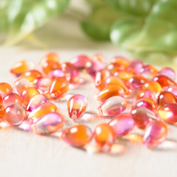チェコガラスビーズ しずく型 オレンジ×ピンク 10粒 通し穴つき ピアス イヤリング ブレスレット パーツ ハンドメイド 材料 素材