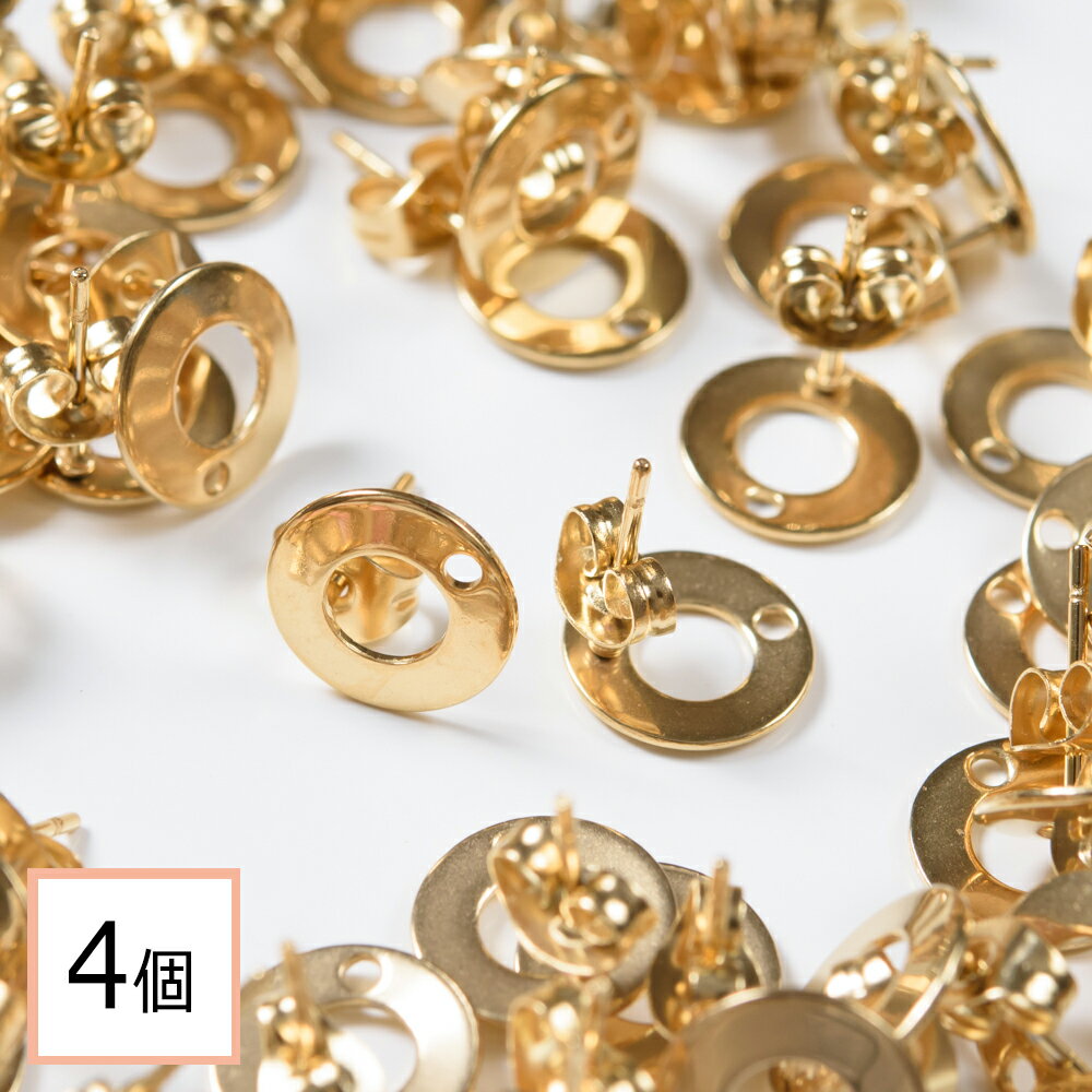 【毎日発送】【サージカルステンレス 316 】 幾何学 デザイン 通し穴 丸 円形 ピアス ゴールド 10mm 4個(2ペア) キャッチ付き ステンレス アクセサリー パーツ 金属アレルギー対策 問屋 専門店