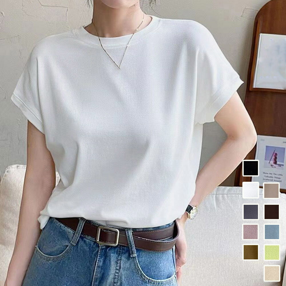 Rakuten - フレンチスリーブ 半袖 Tシャツ 無地 Tシャツ レディース オフィスコーデ カジュアル フリーサイズ トップス クルーネック プルオーバー 爽やか 人気 トレンド