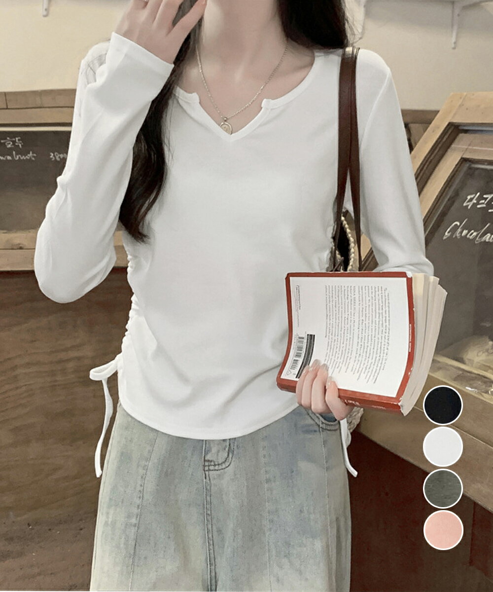 Tシャツ長袖キーネックサイドドロー...