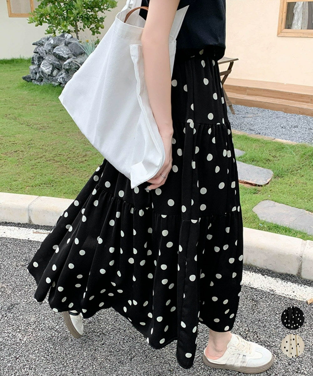 Rakuten - ロングスカート ドット柄 ティアードスカート フレアスカート レディース ハイウエスト ウエストゴム 着やせ 大人かわいい ミモレスカート 裏地付き Aライン スカート フリーサイズ