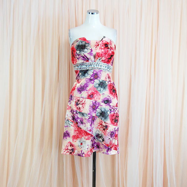 キャバ ドレス キャバドレス ミニドレス ドレス ミニ 中古ドレス ウエストビジュー サテン プリント柄 スナック ドレス キャバ ワンピース キャバ嬢 スナック ワンピース かわいい 東京 おしゃれ パーティドレス Sサイズ 送料無料