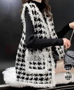 ニット ベスト モヘアタッチ ニット ジレ 秋冬 レディース 千鳥格柄 ニットアウター オフィスカジュアル モノトーン 羽織り ノースリーブ ニットカーディガン Vネック フリーサイズ(4)
