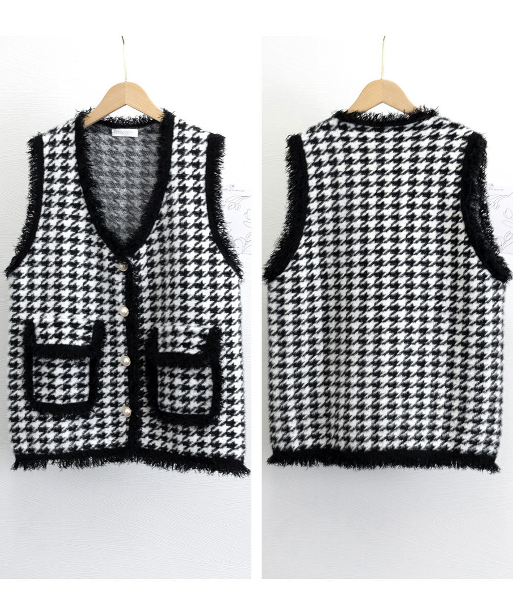 とうきょうcawaii PINKMOONのニット ベスト モヘアタッチ ニット ジレ 秋冬 レディース 千鳥格柄 ニットアウター オフィスカジュアル モノトーン 羽織り ノースリーブ ニットカーディガン Vネック フリーサイズ｜アングル3