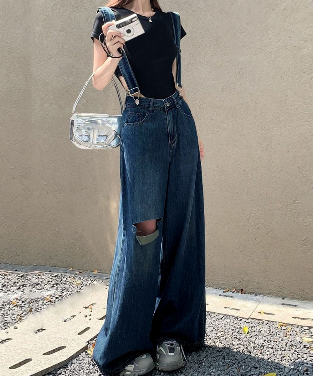 Rakuten - デニム ワイドパンツ サスペンダー付き ハイウエスト ロングパンツ レディース ストレートパンツ フロントダメージ カジュアル 4サイズ バギーパンツ サスペンダー 脚長 S〜XLサイズ