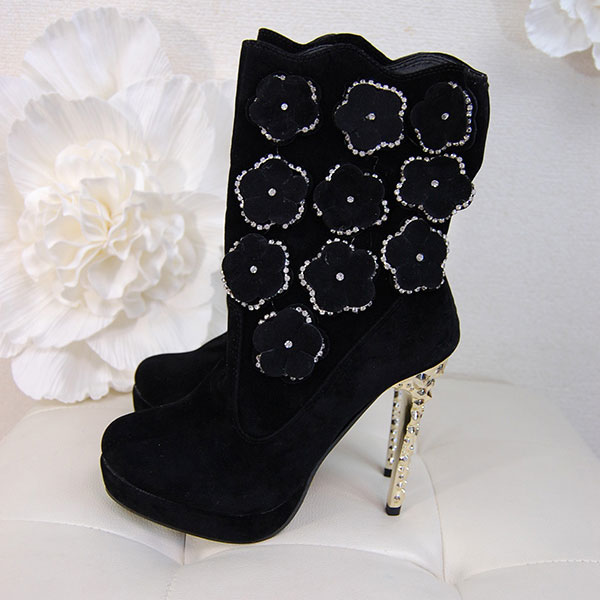 Kvoll ブーツ レディース ショートブーツ レディース ピンヒール 厚底 レディース 靴 中古 美品 スエード きらきらヒール 花柄 ビジュー 高級感 おしゃれ かわいい セクシー きれいめ ブーツ ショート 脚長効果 美脚 22.5cm