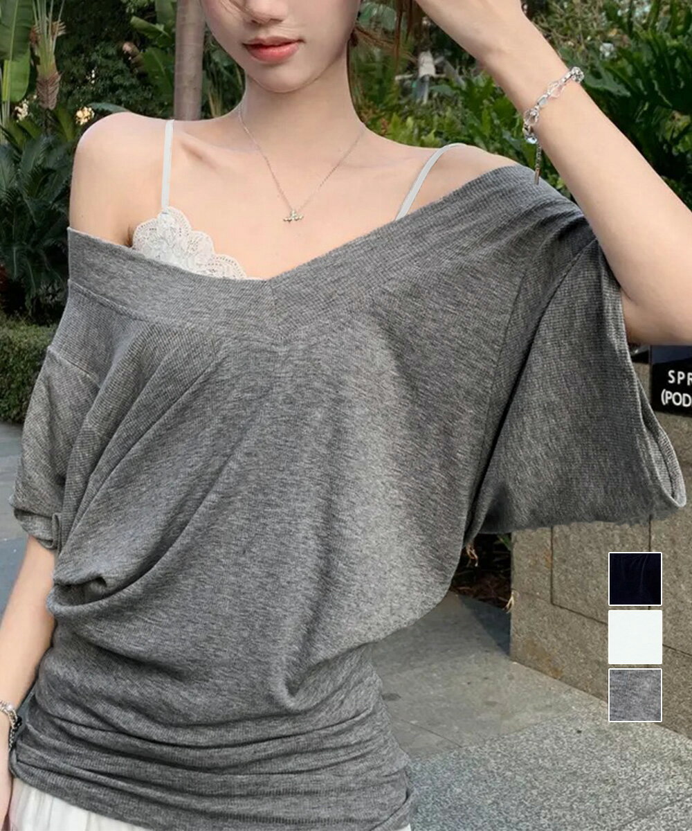 Vネック Tシャツ レースキャミソール 単品 ドルマンスリーブ Tシャツ 半袖 オフショルダー Tシャツ 半..