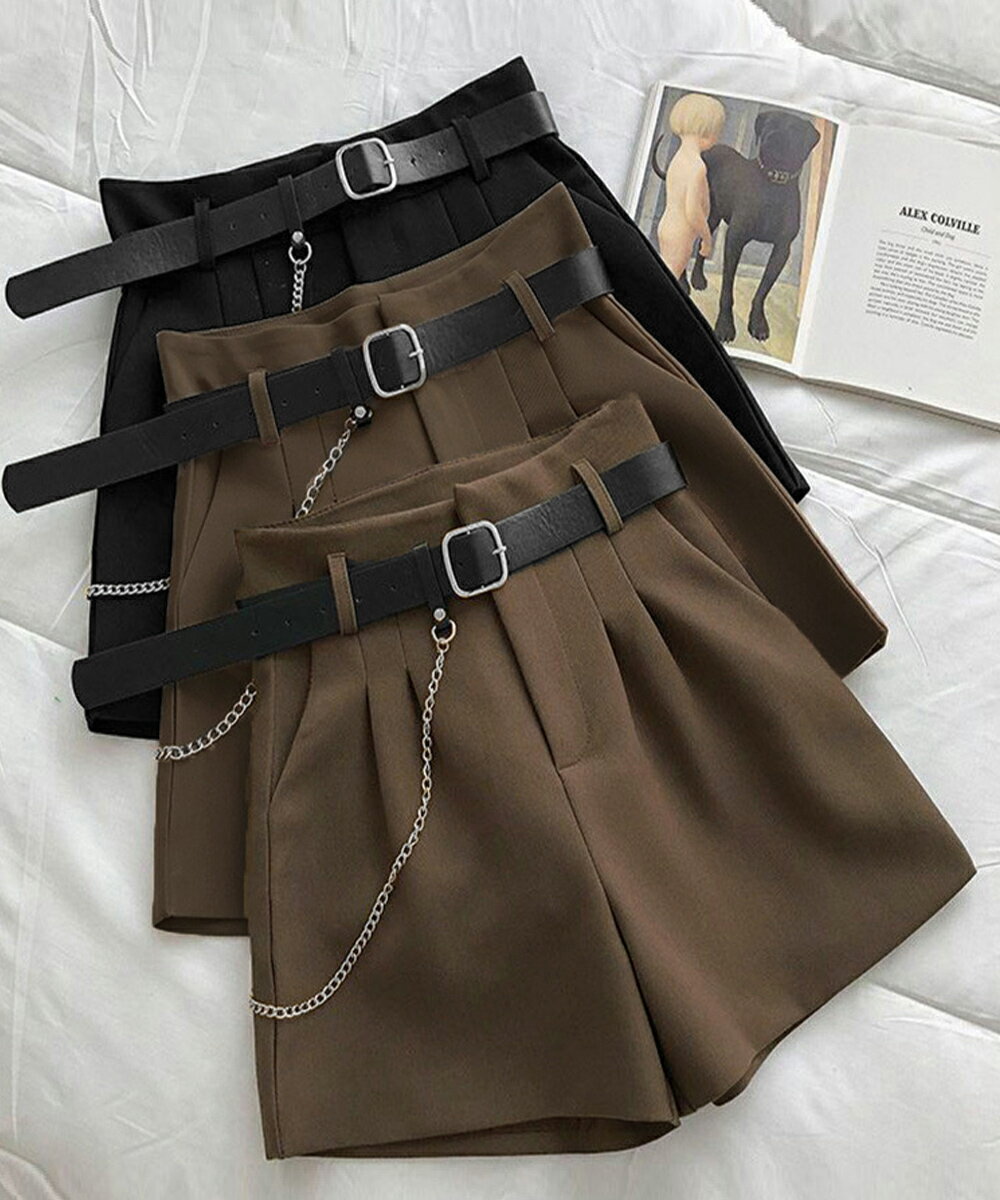 【スーパーSALE★割引中】 ショートパンツ レディース ハイウエスト タック ショートパンツ ベルト付き ベーシック 大人っぽい かわいい Aライン ショーパン お洒落 着やせ チェーン付き 短パン きれいめ S〜XLサイズ