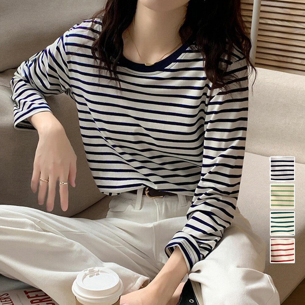 Rakuten - ボーダー柄tシャツ 長袖カットソー 春秋 レディース カラーボーダー ロンT ラウンドネック おしゃれ レトロTシャツ クルーネック プルオーバー 大人カジュアル