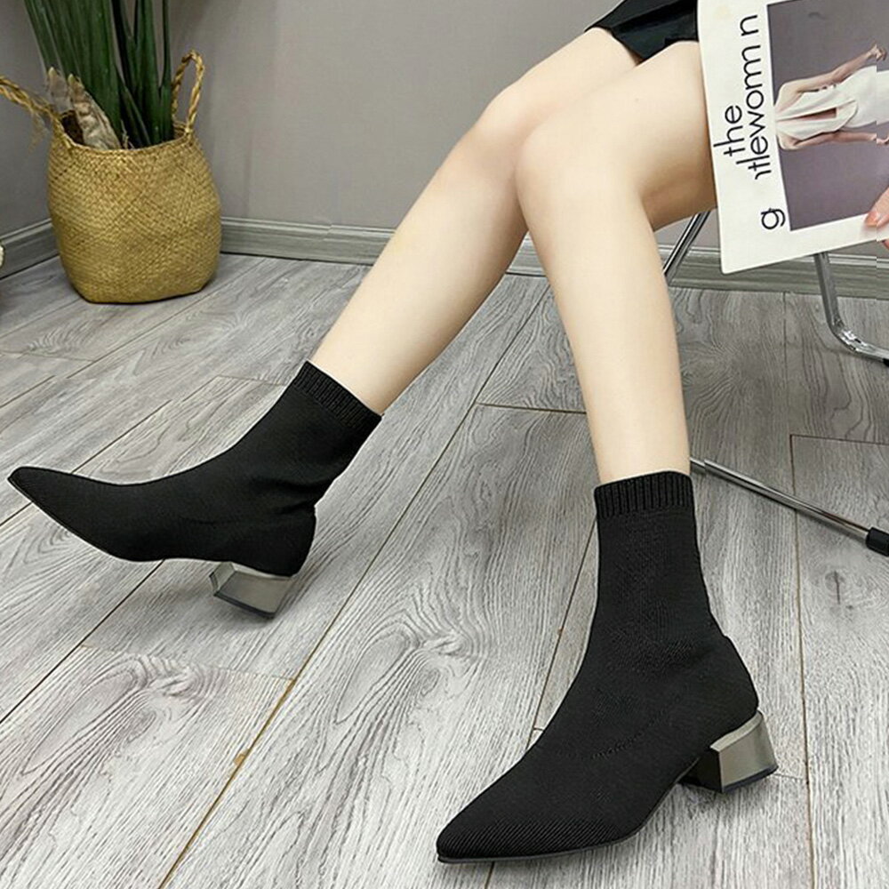 ストレッチブーツレディースショートブーツ ポインテッドトゥ ソックスブーツ 歩きやすいニットブーツ きれいめブーティチャンキーヒールシューズ 痛くない 秋冬 靴