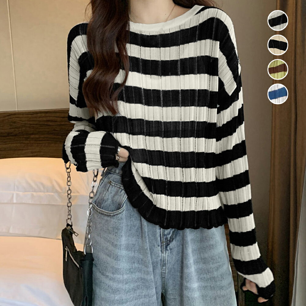 Rakuten - ニットトップス ボーダー柄 リブニット レディース カジュアル ニットウエア ラウンドネック 普段着 ニットプルオーバー おしゃれ 着回し ニットソー フリーサイズ