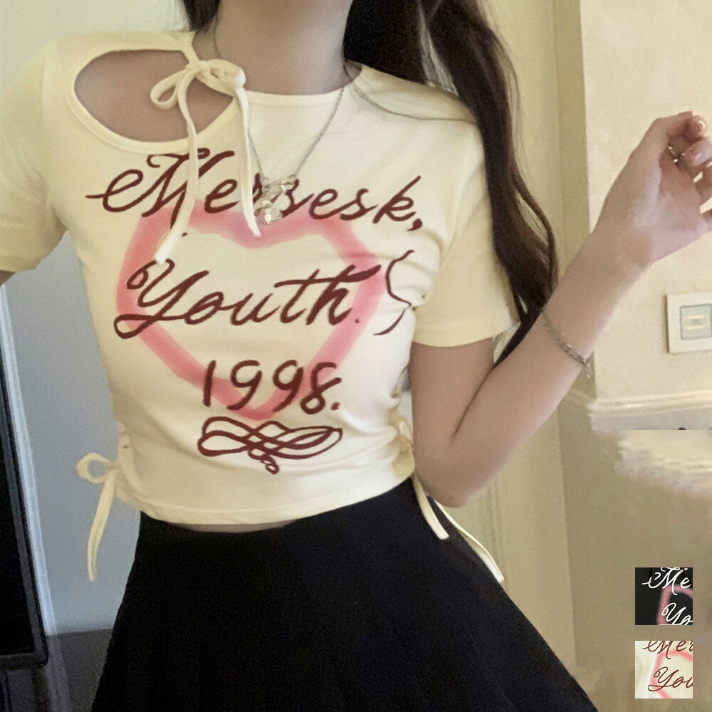 Rakuten - ロゴt tシャツ レディース 半袖 カットアウト ミニtシャツ ドローストリング チビtシャツ おしゃれ 着やせ tシャツ セクシー トップス 1枚で決まる