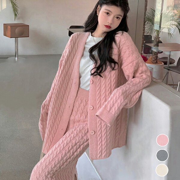 ニット 上下セット レディース 長袖 ツーピース セットアップ 2点セット ゆったり ニット ケーブル編み Vネック カーディガン スカート 着回しコーデ オフ...