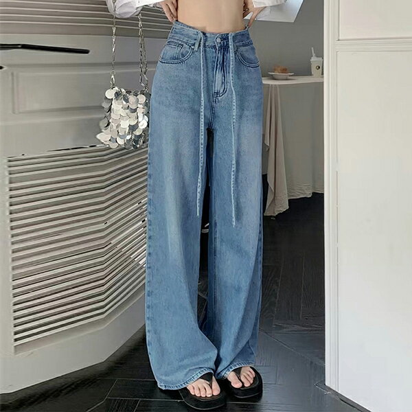 ウォッシュドデニムパンツ レディース ストリングデニム ワイドパンツ トレロ ゆったり ハイウエストパンツウエストクロス 美脚カジュアル ストレートジーンズ