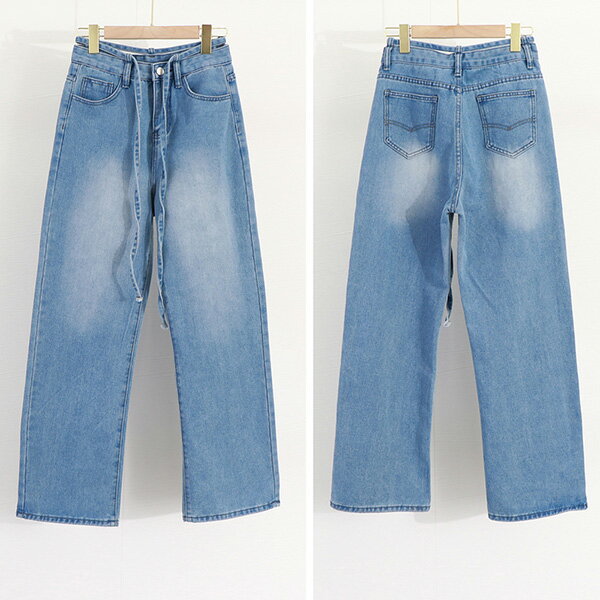 ウォッシュドデニムパンツ レディース ストリングデニム ワイドパンツ トレロ ゆったり ハイウエストパンツウエストクロス 美脚カジュアル ストレートジーンズ