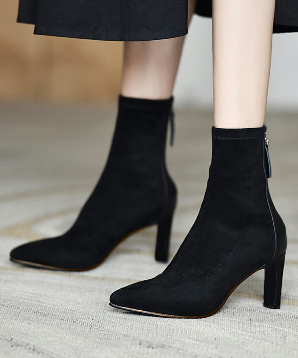 Rakuten - ショートブーツ レディース 暖かい裏起毛 ポインテッドトゥ 美脚ブーツ ブーティ チャンキーヒール シンプル 無地 秋冬 履きやすい ショート丈 軽量靴 おしゃれ ブーツ きれいめ 22.5〜25cm