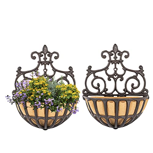 Sungmor 2PC 壁掛け植木鉢バスケット、ファブリック裏地付き、アンティークビクトリア風鋳鉄植木鉢屋内壁掛けスタンド、屋外手すりフェンスバルコニー吊るし植木鉢半円バスケット