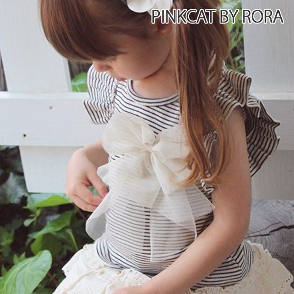 [楽天1位] 子供服Rora プリン 肩フリル Tシャツ リボンコサージュ ブローチセット 子供服 女の子 トップス キッズ 夏服 夏用 春 夏 服 カットソー タンクトップ 半袖 ナチュラル ボーダー 可愛い カジュアル ストライプ 生成 フリル 100 110 120 130 140