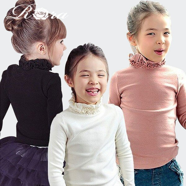 子供服Rora リリナ くしゅくしゅtシャツ(3color) タートルネック 長袖カットソー 女の子 キッズ 綿100 無地 シンプル 長袖tシャツ かわいい 可愛い 白 ホワイト 黒 ブラック ピンク ナチュラル 大人っぽい