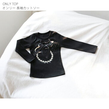 子供服Rora オンリー 長袖カットソー フォーマル 女の子 長袖 tシャツ トップス カットソー ネックレス プリント キッズ かわいい おしゃれ ラインストーン リボン ブラック 黒 90 100 110 120 130 140