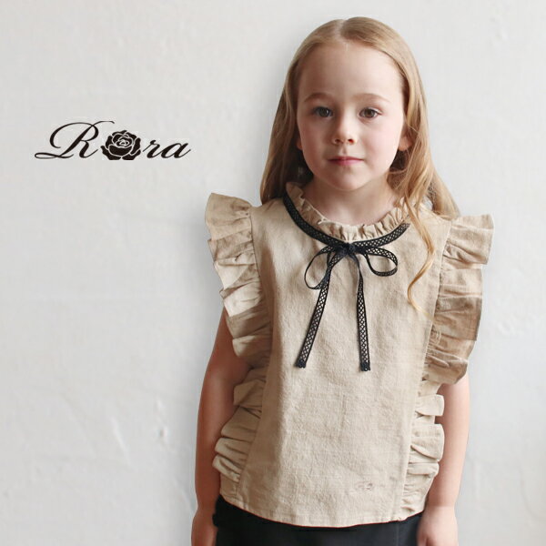 子供服Rora スカーレット 綿100 トップス 子供服 子供 トップス ブラウス キッズ 服 女の子 夏 夏服 おしゃれ 可愛い リボン 無地 フリル ナチュラル お出かけ コットン100 着やすい ベージュ 黒 大人っぽい 90 100 110 120 130 140のサムネイル