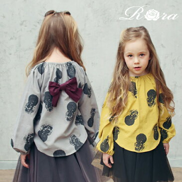 子供服Rora カラン チュニックT チュニック 長袖 ブラウス 女の子 トップス tシャツ キッズ チュニックtシャツ 可愛い 子供服 シンプル オシャレ 秋冬 グレー マスタード イエロー バックリボン ドット柄 水玉 90 100 110 120 130 140