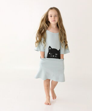 子供服Rora おしゃれキャット【ノワール ワンピース】 子供服 フリル 袖フリル 半袖 Aライン ポケット付き 女の子 夏服 ネコ カジュアル ミント シンプル 無地 着やすい コットン 100cm 110cm 120cm 130cm 140cm