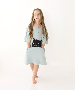 子供服Rora おしゃれキャット【ノワール ワンピース】 子供服 フリル 袖フリル 半袖 Aライン ポケット付き 女の子 夏服 ネコ カジュアル ミント シンプル 無地 着やすい コットン 100cm 110cm 120cm 130cm 140cm