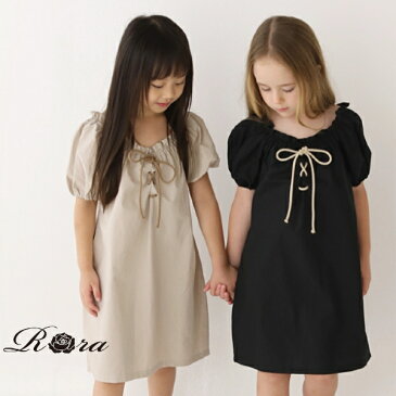 子供服Rora ポネット ワンピース (2color)子供服 ワンピース 女の子 キッズ 半袖 夏 夏服 きれいめ ガーリー 可愛い 無地 ベージュ ブラック コットン100 綿 リボン パフスリーブ 2way オフショルダー シンプル 100 110 120 130 140