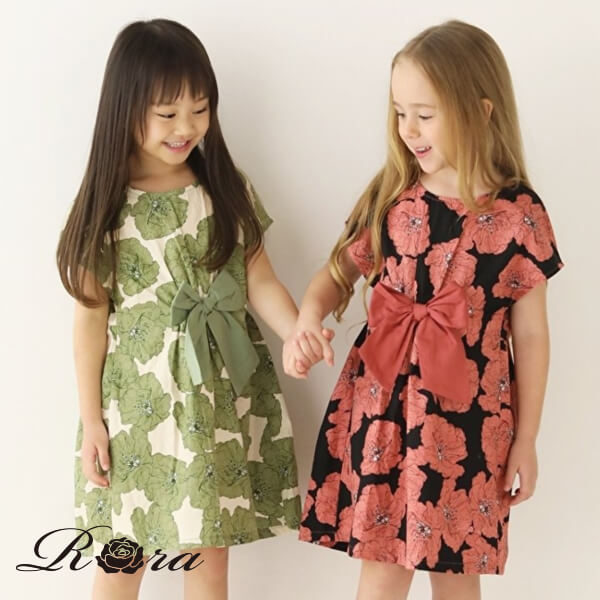 [30%セール] 子供服Rora フィオレ ワンピース (2color) 子供服 ワンピース 女の子 キッズ 夏 夏服 花柄 総柄 グリーン オレンジー ブラック 半袖 半袖ワンピース ナチュラル 可愛い レトロ シンプル リボン コットン 綿100 100 110 120 130 140