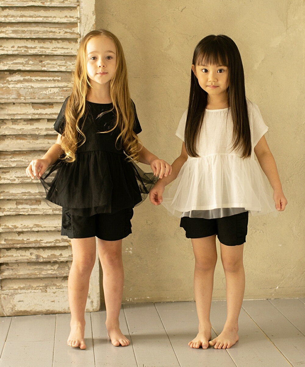 子供服Rora メル トップス (2color) 子供服 子供 女の子 キッズ 夏服 トップス tシャツ 半袖 きれいめ カジュアル プルオーバー 可愛い 夏春 ブラック ホワイト 黒 白 リネン 綿 チュール 発表会 100 110 120 130 140