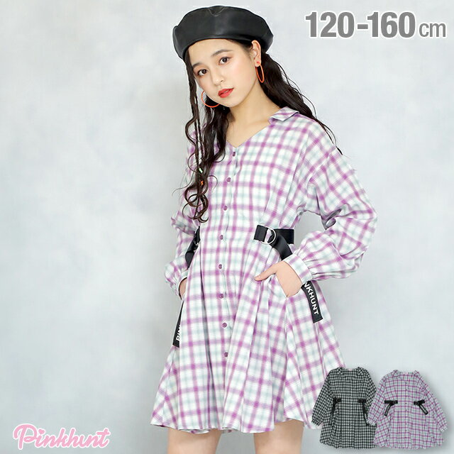 SALE 20％OFF PINKHUNT ピンクハント サイドベルト付き シャツワンピース 5263キッズ ジュニア 女の子 PH 中学生 ファッション 服 小学生 かわいい 韓国トレンドファッション