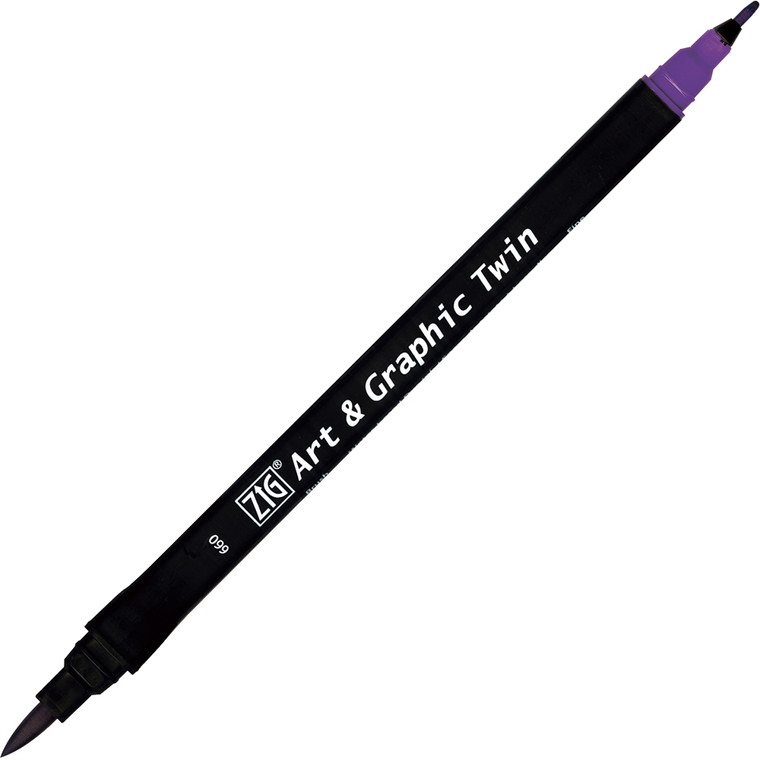 商品について 商品名 【呉竹】ZIG Art & Graphic Twin DEEP VIOLET 商品紹介 デザイン、イラスト、スタンプやカードメイキングに最適な軟筆と0.8mm芯のツインタイプマーカーです。 カラー ディープバイオレット サイズ（約） 12 径×192 mm ※商品サイズは、クリップなどを含まない最大径を表記しています。 セット内容 1個入 材質 本体：PP／キャップ：PP／ぺン先：PUR・PEs インキ 水性染料 ※ブレンダ—のみ水性 原産国 日本 ポスト投函配送詳細 20個までOK！ ※ポスト投函配送の注意事項：代引き・日時指定不可、補償なし 以下の場合、宅配便でのお届け、送料変更となります。 ・メール便最大数超えた場合 ・宅配便配送商品と同時購入 ※送料変更作業は、担当者にて確認後の手動となりますので、購入後の反映をお待ちください。 備　考 ※画像のアクセサリーや小物類は付属しません。 ※画像は閲覧環境により実際のお色と異なる場合がございます。