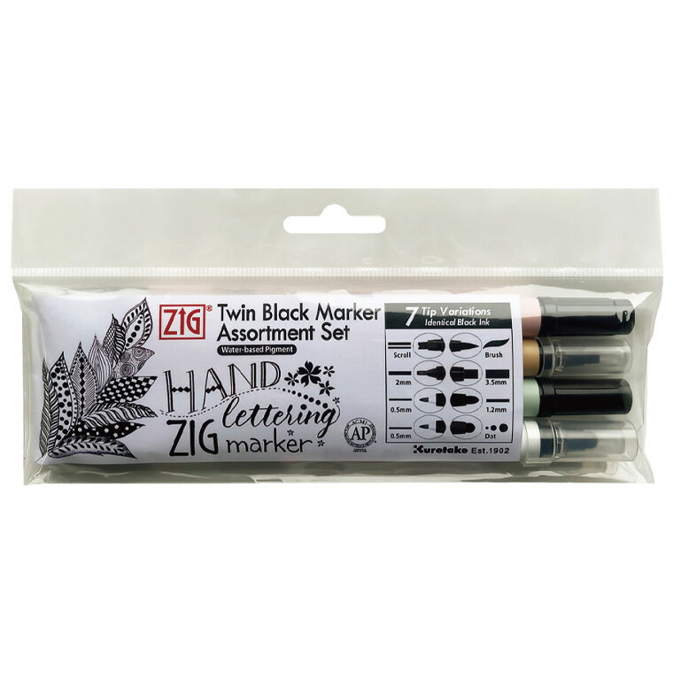【呉竹】ブラックツインマーカー 4本セット （1セット入） / 筆ペン カリグラフィー 練習 レタリング イラスト ペン イラストマーカー POP 極細 ドットペン スクロール 二重線 ツイン 水性 顔料 kuretake くれたけ くれ竹【ゆうパケット対応】